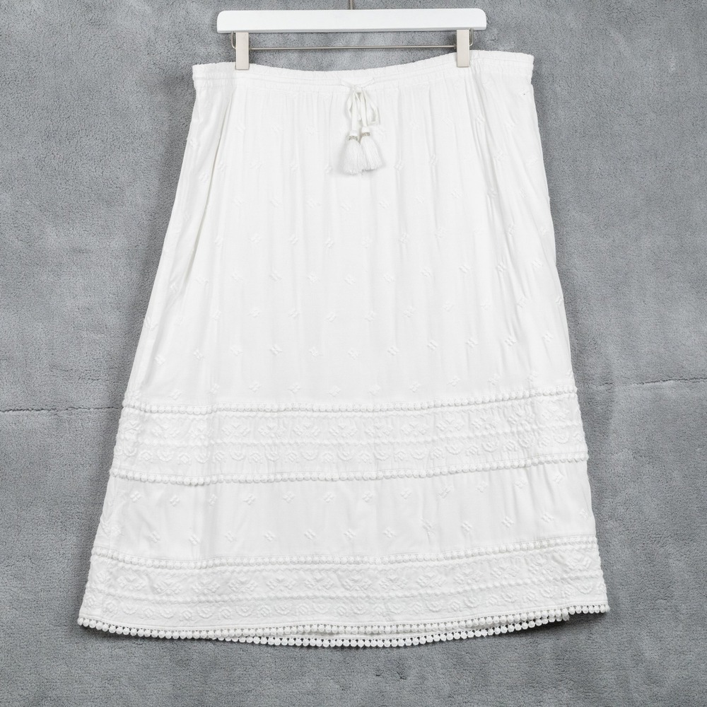 J JILL Embroidered Tassel Trim Boho Midi Skirt Coastal Beachy White Sz L - Picture 2 of 8